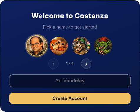 Costanza Poker lobby: enter your name and hit Play Now